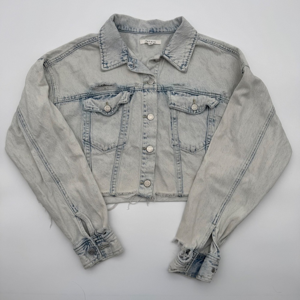 PacSun Womens Light Wash Distressed‎ Cropped Denim Jacket Blue Size M/L